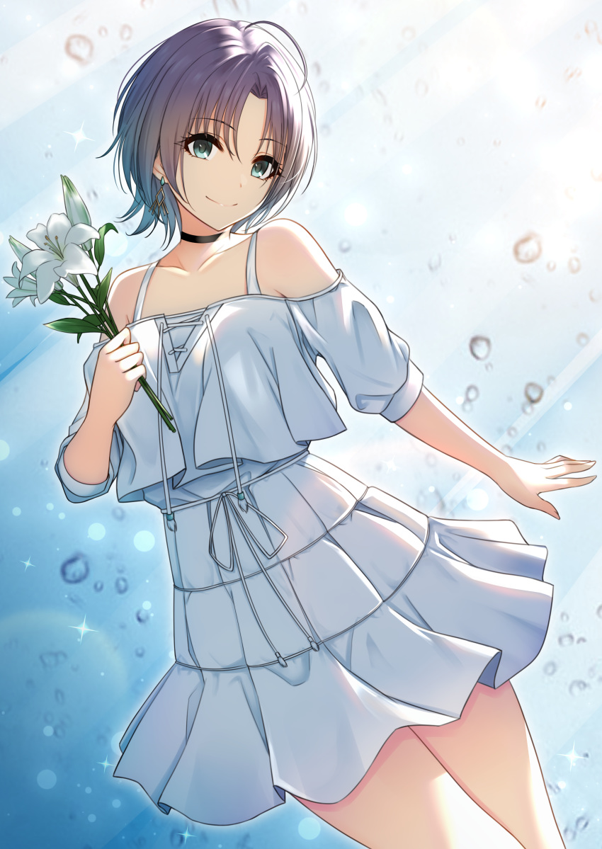 1girl absurdres antenna_hair asakura_tooru bangs blue_eyes bubble choker cross-laced_clothes dress earrings eyebrows_visible_through_hair flower highres holding holding_flower idolmaster idolmaster_shiny_colors jewelry light_blue_dress lily_(flower) looking_at_viewer miyar2d2 multicolored_hair off-shoulder_dress off_shoulder parted_bangs short_hair short_sleeves smile solo sunlight two-tone_hair water white_flower