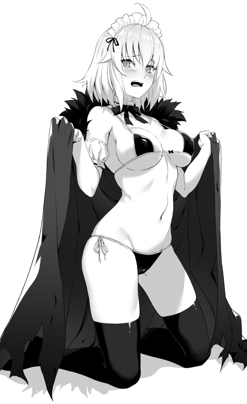 1girl ahoge bangs bikini blush bow bow_bikini bowtie breasts cape collar commentary_request detached_collar embarrassed eyebrows_visible_through_hair fate/grand_order fate_(series) frilled_armband frilled_collar frills frown full_body fur-trimmed_cape fur_trim greyscale groin highres jeanne_d'arc_(alter)_(fate) jeanne_d'arc_(fate)_(all) kneeling large_breasts looking_at_viewer maid_headdress monochrome navel open_mouth prime shadow short_hair side-tie_bikini skindentation solo string_bikini swimsuit thigh-highs