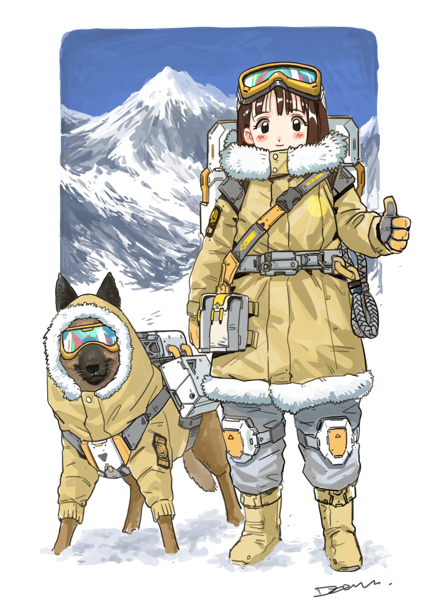 1girl absurdres animal backpack bag belt black_eyes blue_sky blush_stickers boots brown_hair closed_mouth clothed_animal devil_lo dog full_body fur_trim goggles goggles_on_head highres jacket knee_pads looking_at_viewer mountain original pants rope signature sky smile snow thumbs_up yellow_footwear yellow_jacket
