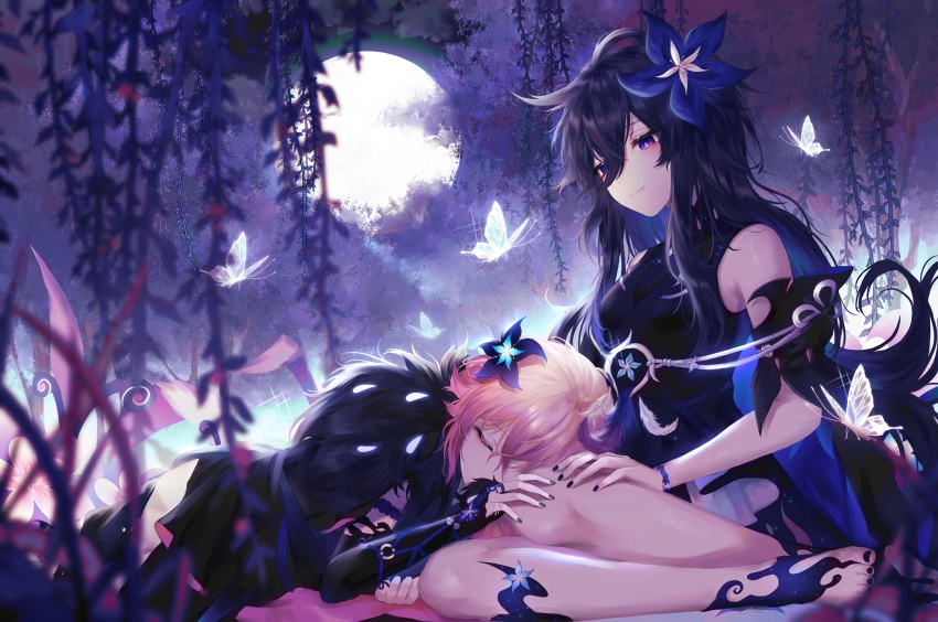 2girls absurdres barefoot black_hair black_nails blonde_hair bug butterfly character_request closed_eyes commentary elsword english_commentary flower full_moon hair_between_eyes hair_flower hair_ornament highres insect lap_pillow moon multiple_girls nail_polish sleeping smile takano_jiyuu violet_eyes wisteria yuri