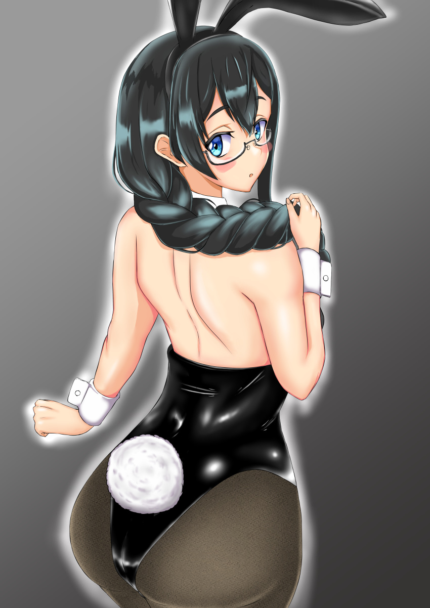 1girl 20100813 absurdres alternate_costume alternate_hairstyle animal_ears ass black_hair black_legwear black_leotard blue_eyes braid bunny_girl bunny_tail bunnysuit commentary_request detached_collar from_behind glasses hair_over_shoulder highres huge_filesize kantai_collection leotard long_hair looking_at_viewer looking_back ooyodo_(kantai_collection) pantyhose rabbit_ears single_braid solo strapless strapless_leotard tail wrist_cuffs