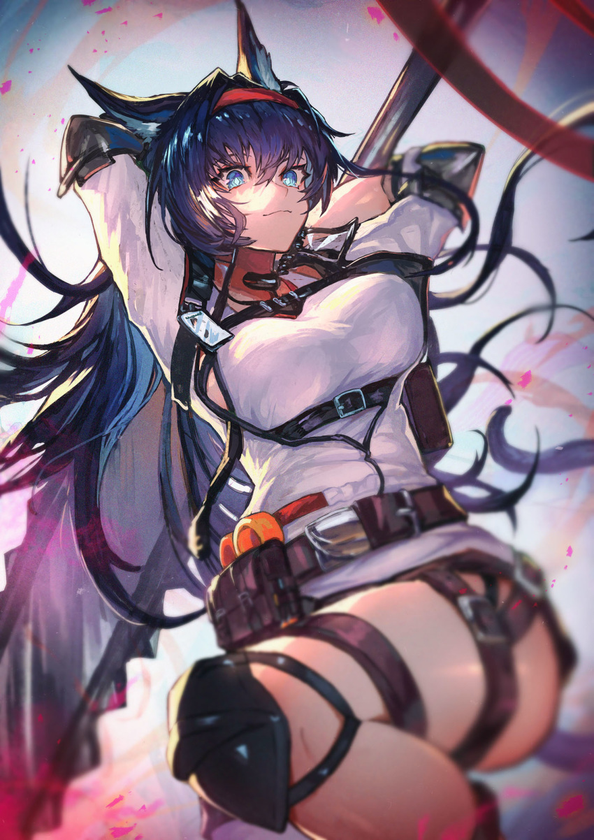 1girl animal_ears arknights arms_up belt belt_pouch black_shorts blaze_(arknights) blue_eyes blue_hair breasts cat_ears cat_tail chainsaw closed_mouth commentary_request cowboy_shot fire hair_between_eyes hairband highres holding holding_weapon knee_pads long_hair looking_at_viewer medium_breasts name_tag nijimaarc pouch shirt short_shorts shorts smile solo tail thigh_strap thighs weapon white_shirt