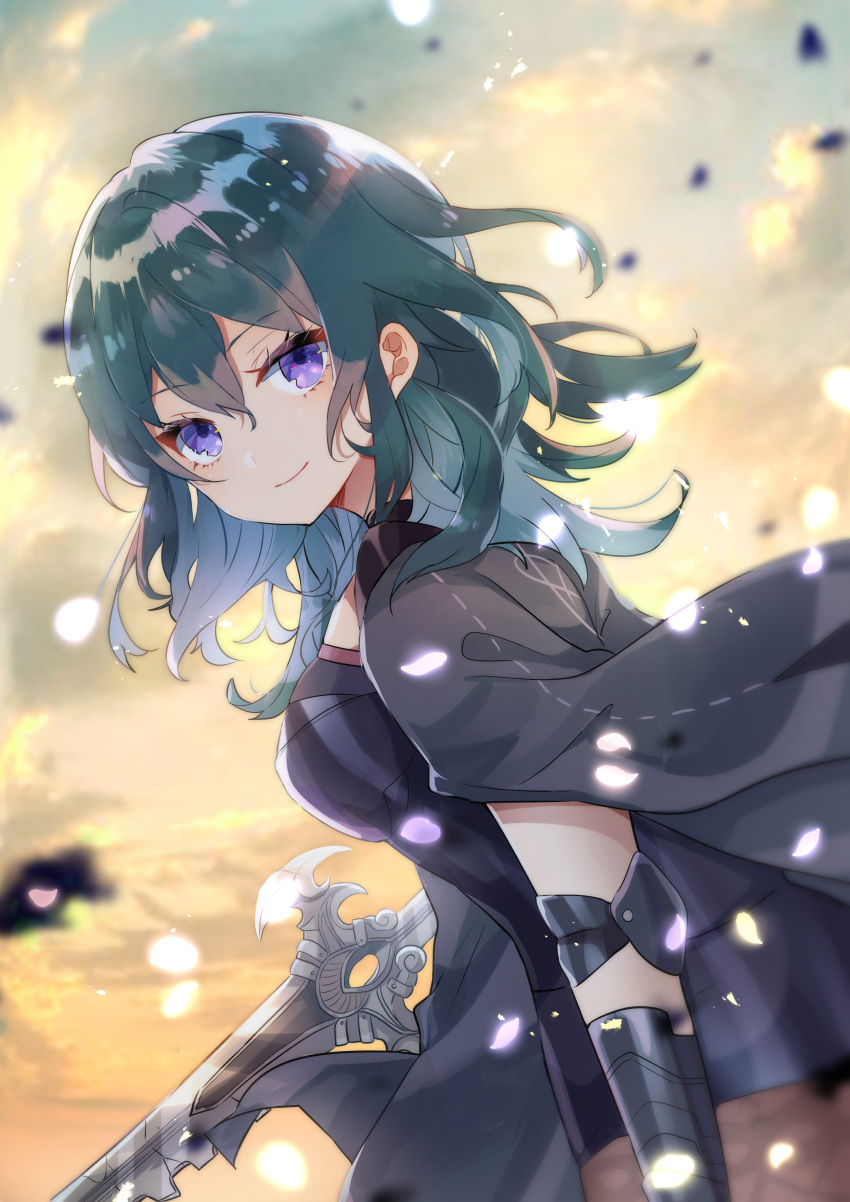 1girl absurdres blue_eyes blue_hair byleth_(fire_emblem) byleth_eisner_(female) closed_mouth fire_emblem fire_emblem:_three_houses from_side highres holding holding_sword holding_weapon looking_to_the_side pantyhose petals smile solo sword sword_of_the_creator upper_body weapon yutsuchi