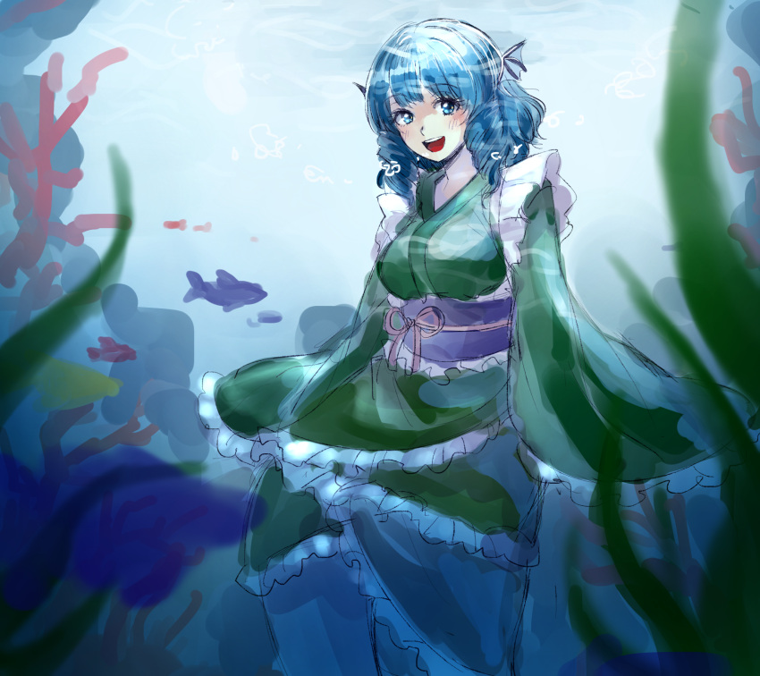 1girl :d bangs blue_eyes blue_hair blurry blurry_foreground blush breasts day depth_of_field drill_hair drill_locks eyebrows_visible_through_hair fish frills green_kimono happy head_fins highres japanese_clothes kimono kuya_(hey36253625) large_breasts looking_at_viewer medium_hair mermaid monster_girl obi open_mouth sash sketch sleeves_past_fingers sleeves_past_wrists smile solo touhou twin_drills underwater wakasagihime