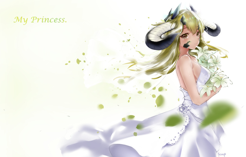 1girl arknights blonde_hair bouquet breasts brown_eyes dress english_text estelle_(arknights) flower horns large_breasts long_hair scup signature veil white_dress wind