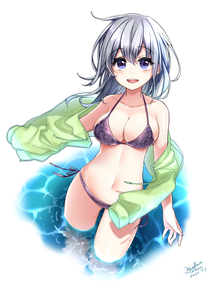 1girl :d ahoge artist_name bangs bikini blue_eyes blush breasts caustics collarbone dated drawstring eyebrows_visible_through_hair from_above green_jacket hair_between_eyes halter_top halterneck highres jacket large_breasts long_hair looking_at_viewer looking_up navel off_shoulder open_clothes open_jacket open_mouth original purple_bikini refraction shiny shiny_skin side-tie_bikini signature silver_hair smile solo standing swimsuit takashina_taaa track_jacket unzipped wading water