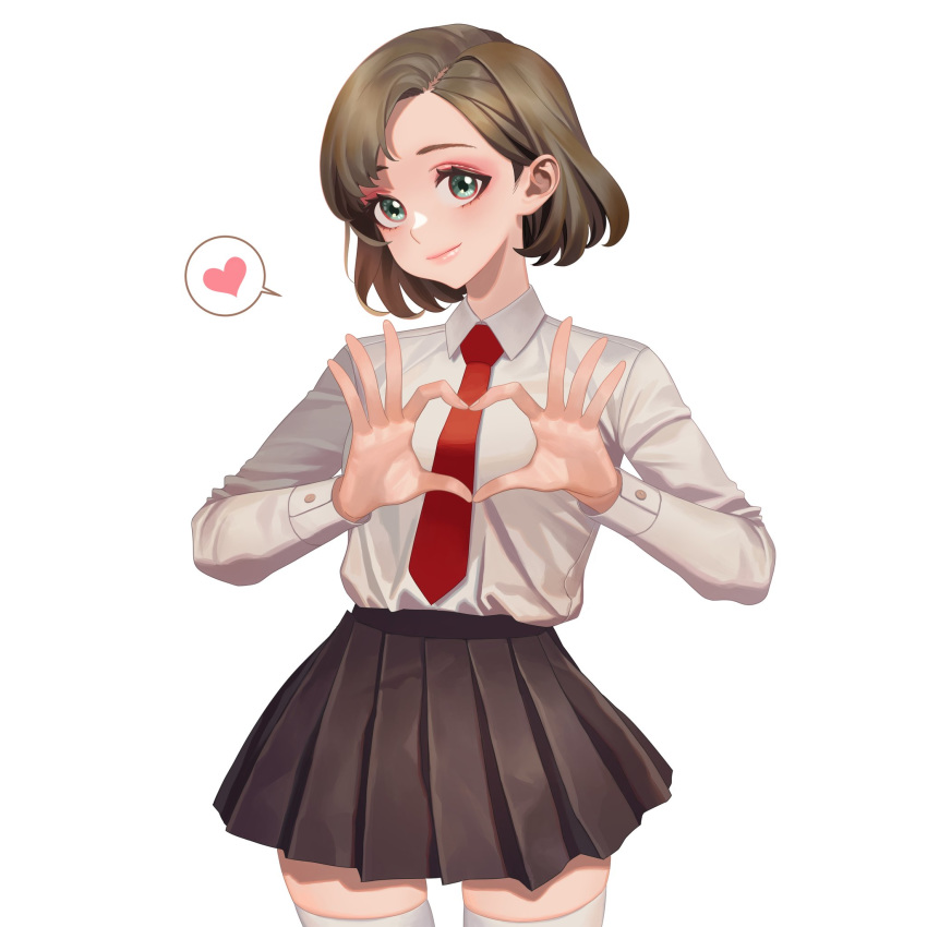 1girl black_skirt blush brown_hair closed_mouth collared_shirt eyebrows eyeshadow green_eyes heart heart_hands highres hongcasso long_sleeves looking_at_viewer makeup necktie original pleated_skirt red_eyeshadow red_neckwear shirt short_hair simple_background skirt smile solo speech_bubble spoken_heart thigh-highs white_background white_legwear white_shirt