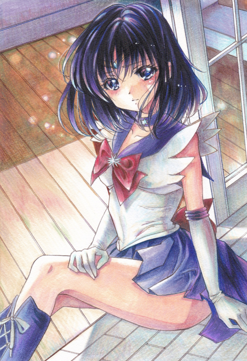 1girl absurdres bishoujo_senshi_sailor_moon blue_hair boots choker circlet elbow_gloves gloves highres looking_at_viewer magical_girl purple_skirt sailor_collar sailor_saturn sailor_senshi_uniform short_hair sitting skirt solo thighs tomoe_hotaru tomoeri traditional_media violet_eyes white_gloves