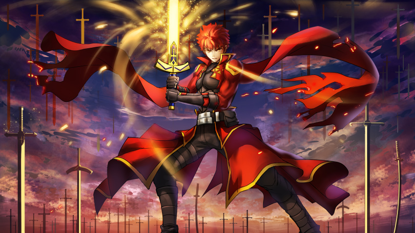 1boy absurdres emiya_shirou excalibur fate/stay_night fate_(series) gt_shoukyou highres jacket red_jacket redhead sword unlimited_blade_works weapon