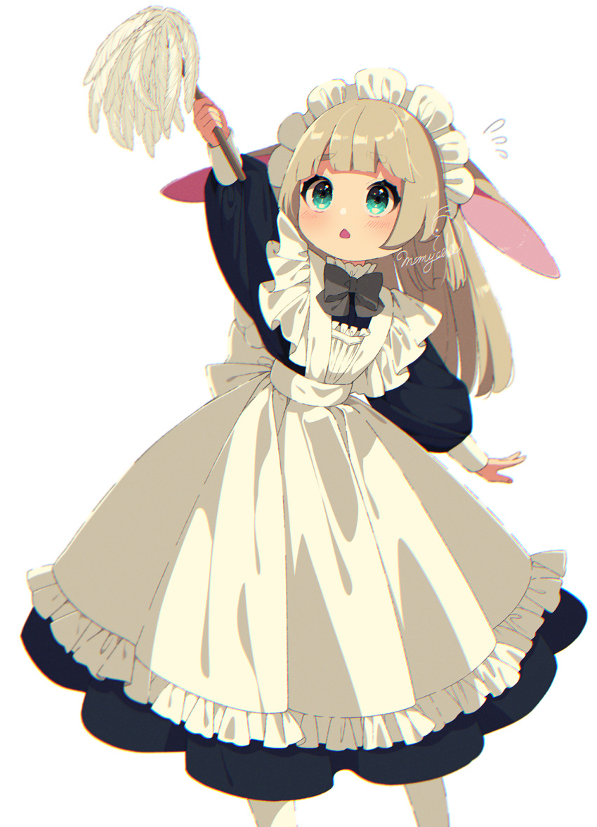1girl animal_ears apron arm_up bangs black_dress blush bow brown_hair chestnut_mouth commentary_request dress duster eyebrows_visible_through_hair flying_sweatdrops frilled_apron frills green_eyes grey_bow highres long_hair long_sleeves looking_away looking_up maid maid_apron maid_headdress mamyouda original pantyhose parted_lips puffy_long_sleeves puffy_sleeves rabbit_ears reaching signature simple_background solo standing very_long_hair white_apron white_background white_legwear