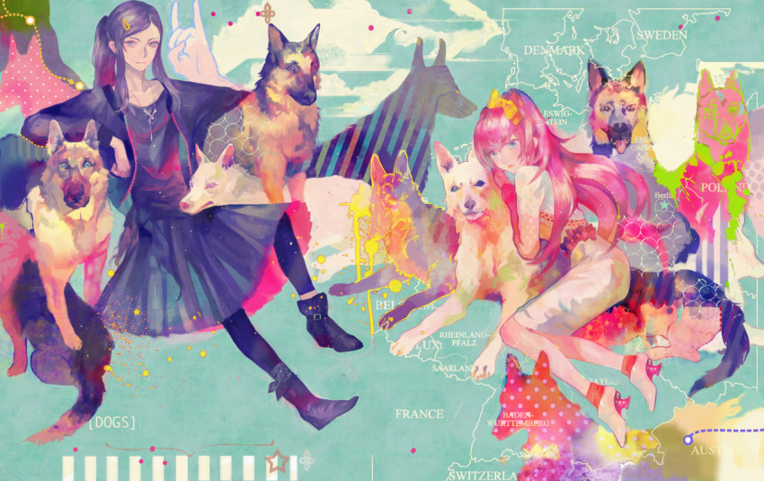 1boy 1girl abstract androgynous animal aqua_eyes blue_eyes bow crossdressinging dog fox_shadow_puppet full_body german_shepherd hair_bow hair_ornament hairclip high_heels high_ponytail jewelry leggings long_hair necklace nishihara_isao original pencil_skirt pink_hair pleated_skirt ponytail purple_hair sidelocks skirt