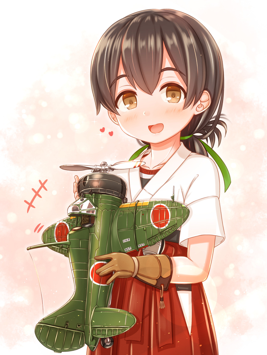 +++ 1girl :d absurdres aircraft airplane bangs black_hair blush brown_eyes brown_gloves dougi folded_ponytail gloves hair_between_eyes hakama hakama_skirt heart highres japanese_clothes kantai_collection kasuga_maru_(kantai_collection) motion_lines open_mouth partly_fingerless_gloves red_hakama short_hair short_sleeves smile solo suzushiro_(gripen39) swept_bangs yugake