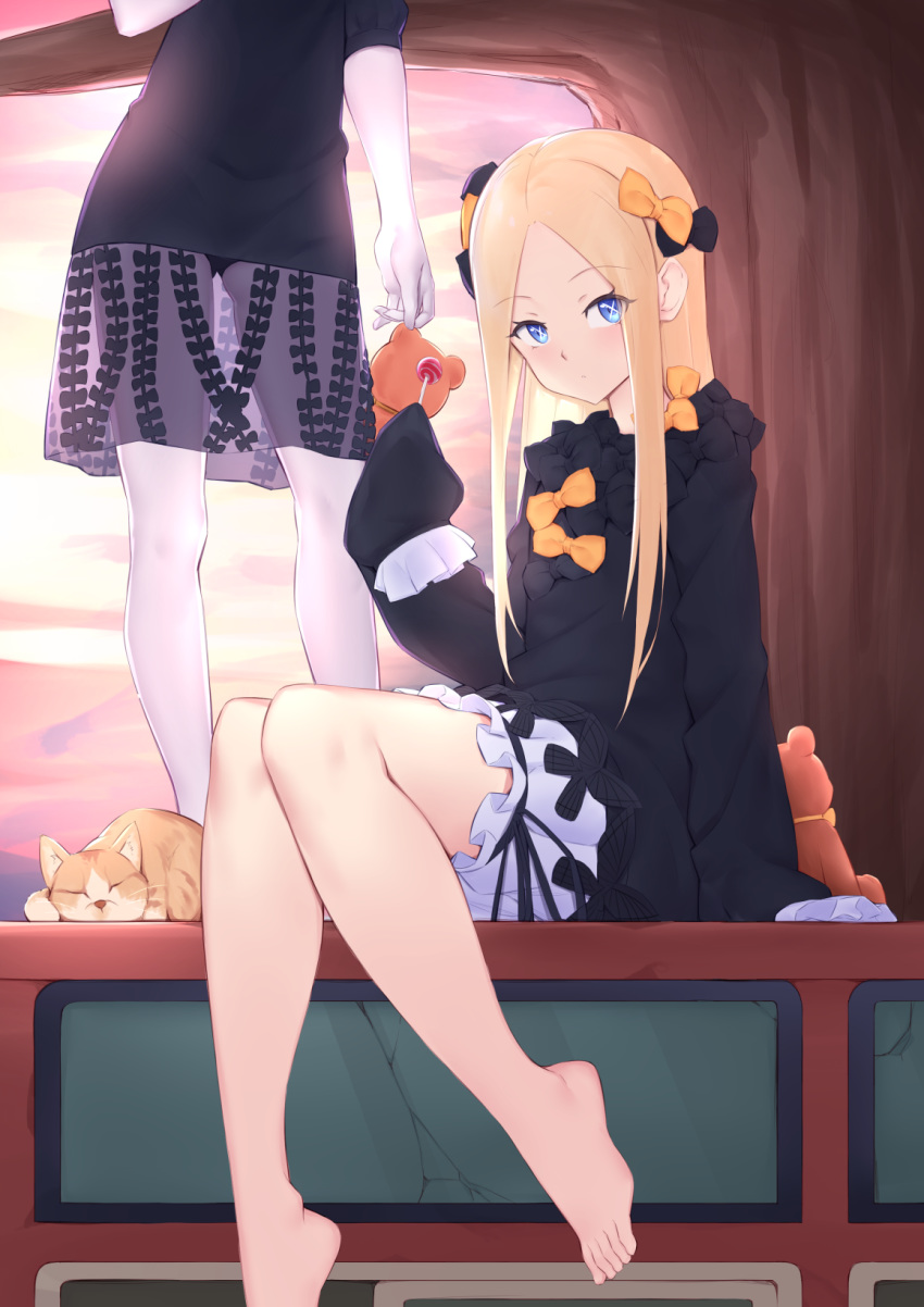 2girls abigail_williams_(fate/grand_order) bangs bare_legs barefoot black_bow black_dress black_headwear black_panties blonde_hair blue_eyes blush bow cat commentary_request dress eyebrows_visible_through_hair fate/grand_order fate_(series) hair_bow highres holding jilu lavinia_whateley_(fate/grand_order) long_hair long_sleeves looking_at_viewer multiple_bows multiple_girls orange_bow pale_skin panties parted_bangs sleeves_past_fingers sleeves_past_wrists stuffed_animal stuffed_toy underwear white_bloomers