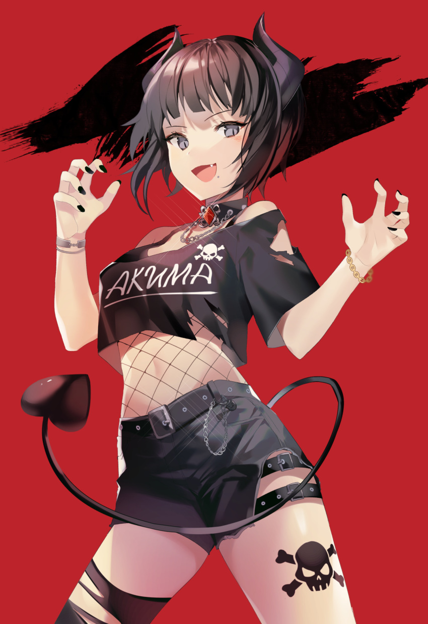 1girl :d bangs bare_shoulders belt black_belt black_nails black_skirt breasts chain commentary demon_girl demon_horns demon_tail fang highres horns looking_at_viewer medium_breasts mole mole_under_mouth open_mouth original red_background short_sleeves simple_background skirt skull_tattoo smile tail torn_clothes violet_eyes yuhi_(hssh_6)