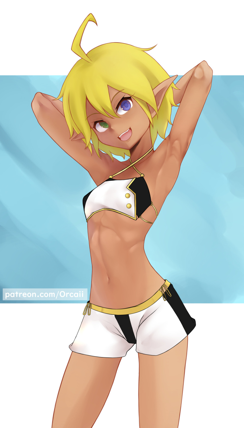 1girl absurdres ahoge armpits arms_behind_head aura_bella_fiora bikini blonde_hair blue_eyes blush breasts collarbone dark_elf dark_skin elf eyebrows_visible_through_hair feet_out_of_frame green_eyes heterochromia highres looking_at_viewer midriff navel open_mouth overlord_(maruyama) pointy_ears shiny shiny_hair shiny_skin short_hair shorts simple_background small_breasts smile solo standing swimsuit swimwear teeth upper_teeth
