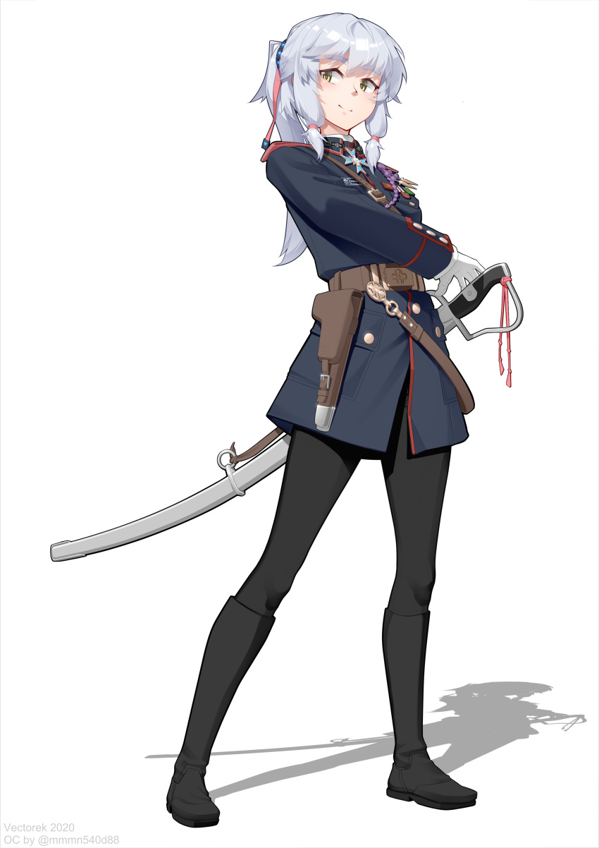 1girl absurdres belt boots epaulettes eyebrows_visible_through_hair full_body gloves grey_hair highres holster medal military military_uniform original pantyhose ponytail saber_(weapon) shadow sheath sheathed smile solo sword uniform vectorek weapon white_background white_gloves yellow_eyes