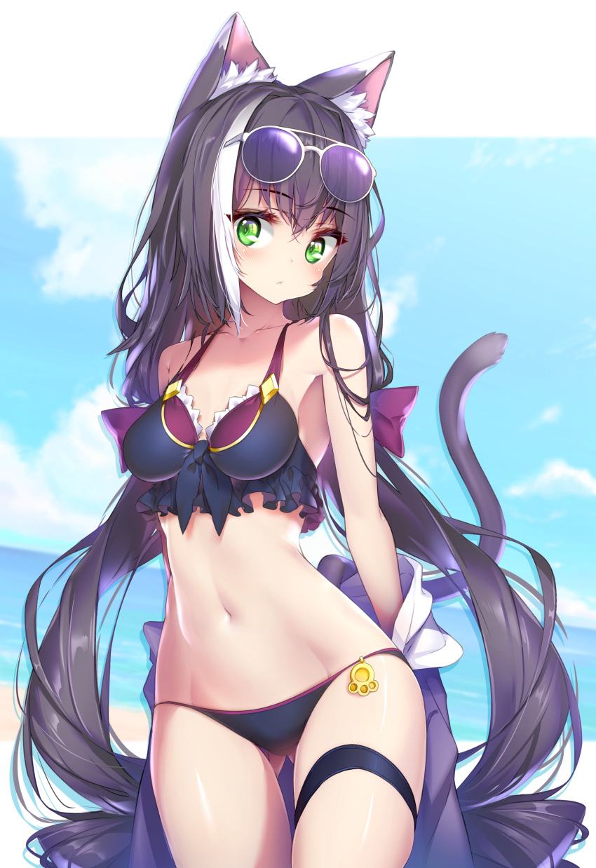 1girl absurdres animal_ear_fluff animal_ears ass_visible_through_thighs bangs bare_shoulders bikini black_bikini black_hair blue_sky blush breasts cat_ears cat_girl cat_tail closed_mouth clouds day eyebrows_visible_through_hair eyewear_on_head front-tie_bikini front-tie_top green_eyes groin hair_between_eyes highres hong_(white_spider) horizon jacket karyl_(princess_connect!) long_hair looking_at_viewer low_twintails medium_breasts multicolored_hair navel ocean paid_reward patreon_reward princess_connect! princess_connect!_re:dive purple_jacket sky solo streaked_hair sunglasses swimsuit tail tail_raised thigh_gap thigh_strap twintails undressing very_long_hair water white_hair