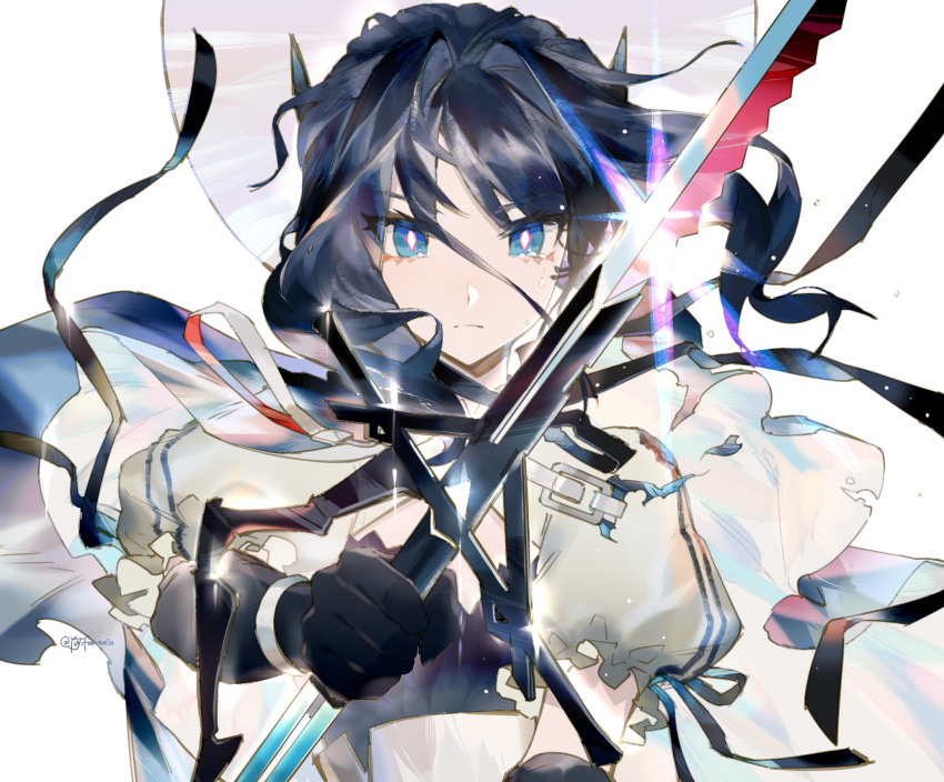 1girl arknights astesia_(arknights) black_gloves blue_eyes blue_hair closed_mouth commentary diamond-shaped_pupils dress elbow_gloves english_commentary expressionless glint gloves hat highres holding holding_sword holding_weapon long_hair looking_at_viewer ribbon shawl simple_background solo sword symbol-shaped_pupils torn_clothes twitter_username upper_body weapon white_background white_dress white_headwear yuji_(fantasia)