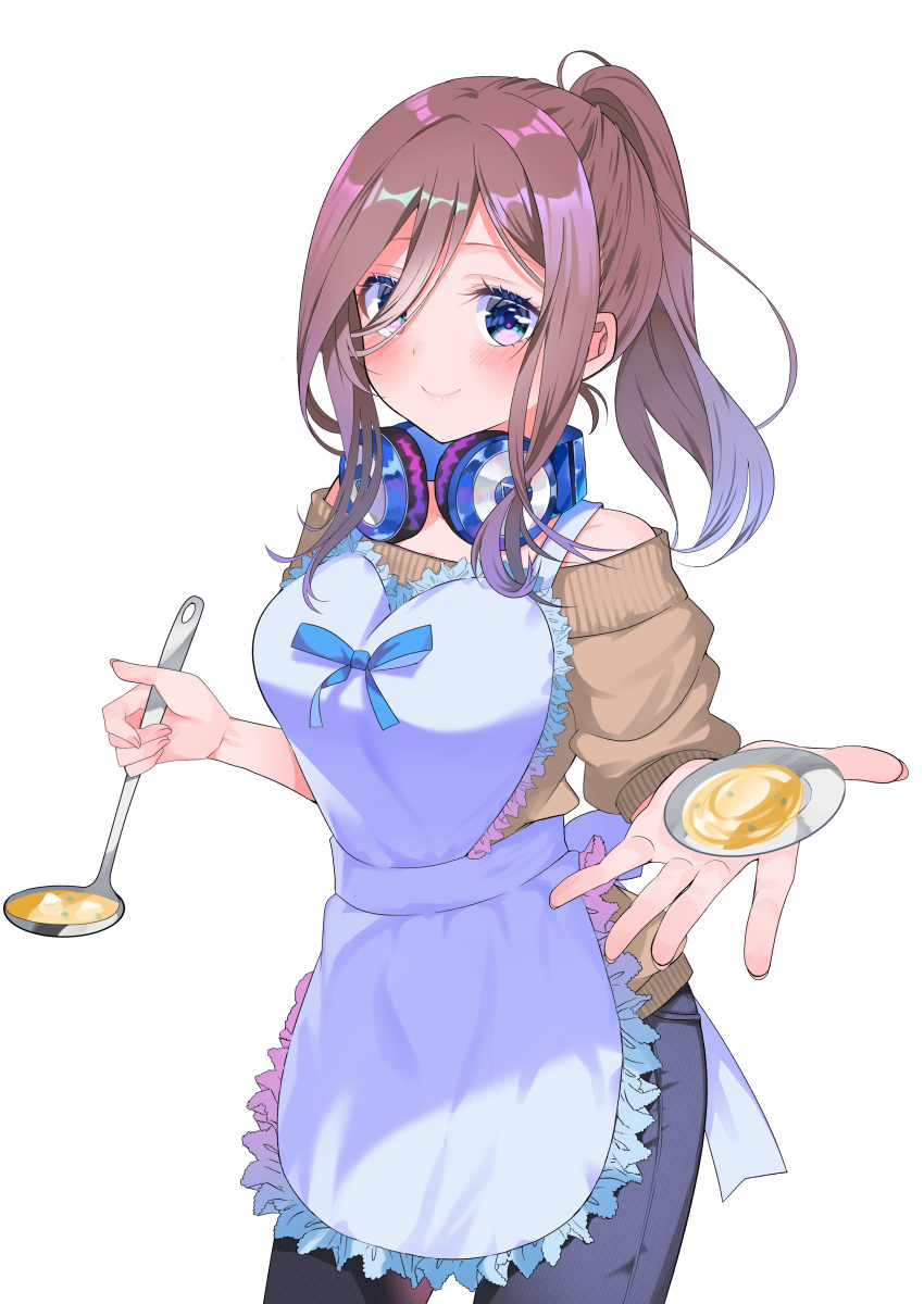 1girl absurdres bangs bare_shoulders beige_sweater blue_eyes blue_ribbon blush breasts brown_hair closed_mouth denim food go-toubun_no_hanayome hair_between_eyes headphones headphones_around_neck high_ponytail highres holding holding_plate holding_spoon jeans large_breasts long_hair looking_at_viewer nakano_miku outstretched_hand pants piyopoyo plate ponytail ribbon sidelocks smile spoon standing