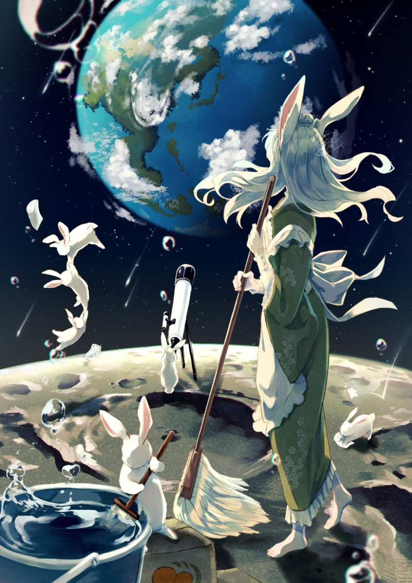 1girl animal animal_ears apron back_bow baracan barefoot bow box bucket cardboard_box cleaning clouds commentary_request crater dress earth_(planet) floating frilled_apron frilled_dress frills from_side full_body green_dress highres holding holding_mop horizon long_hair long_sleeves maid maid_headdress moon mop mopping on_moon original outdoors planet rabbit rabbit_ears rabbit_girl scenery shooting_star signature sky solo space star_(sky) starry_sky surreal telescope water white_hair