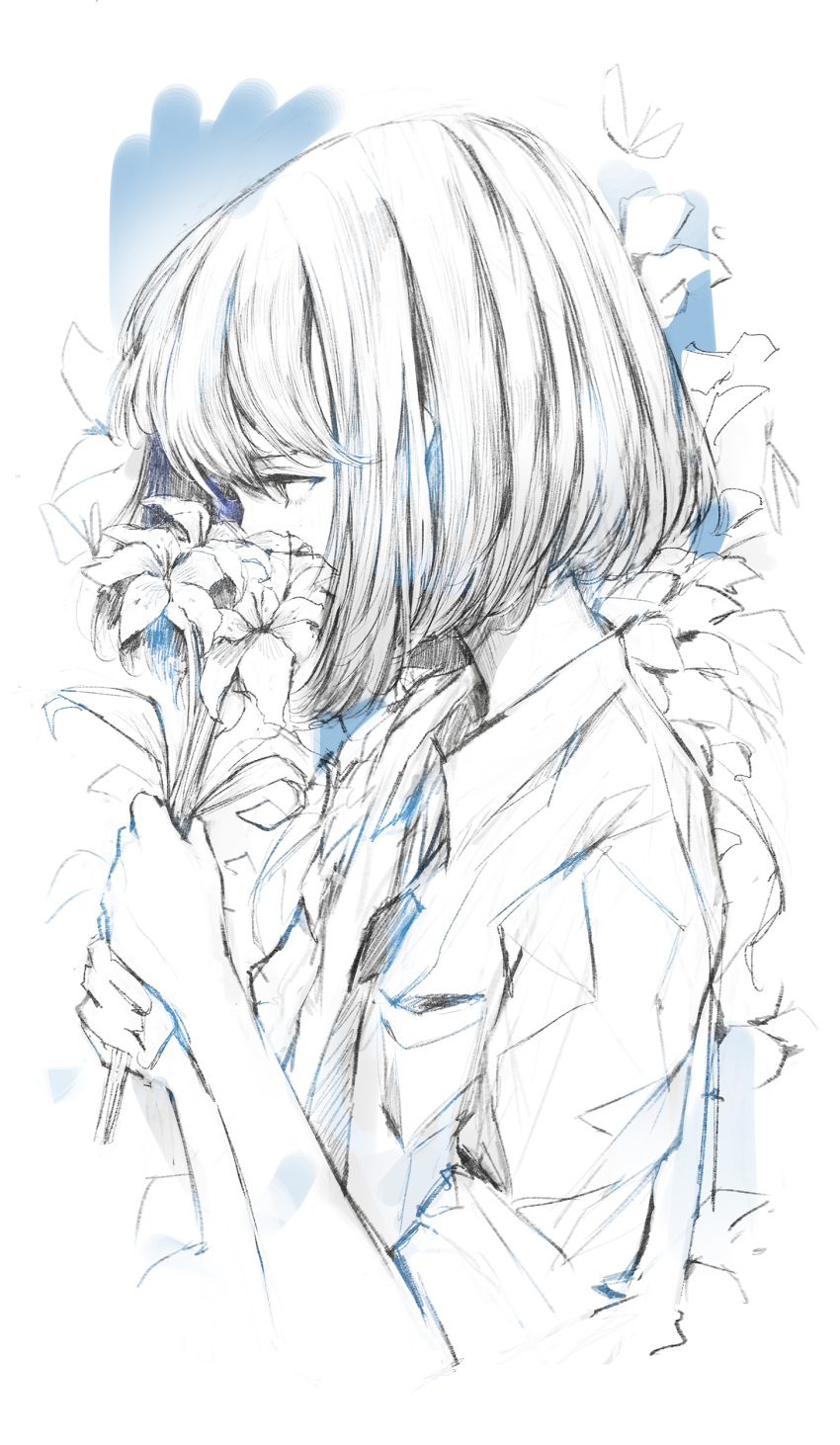 1girl absurdres blue_theme bob_cut collared_shirt flower from_side highres holding holding_flower monochrome necktie original profile shirt short_hair sleeves_pushed_up solo upper_body wataboku wing_collar
