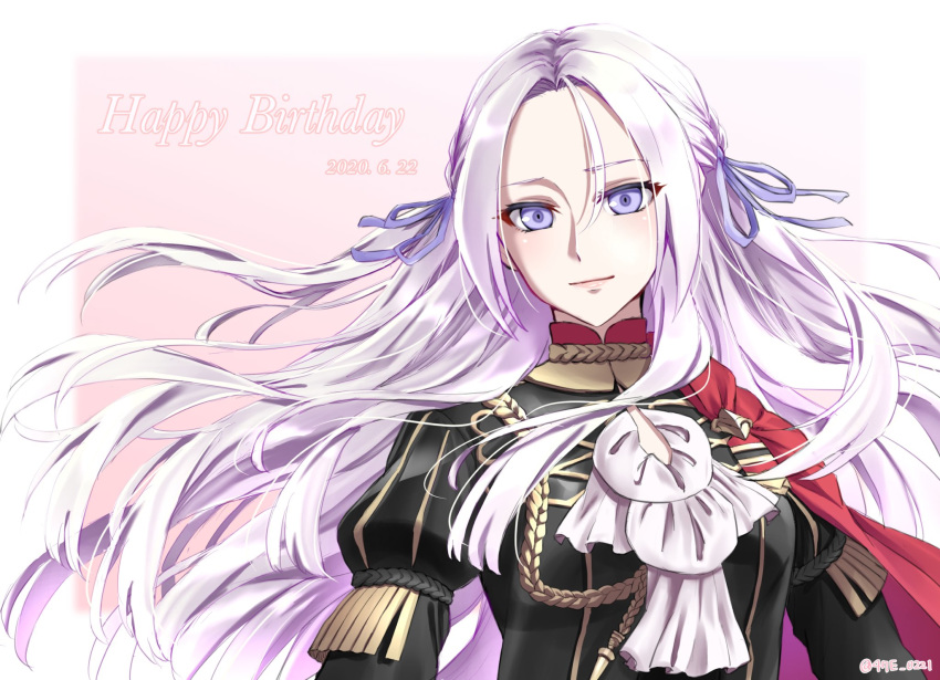 1girl 47e_0221 cape closed_mouth dated edelgard_von_hresvelg fire_emblem fire_emblem:_three_houses garreg_mach_monastery_uniform hair_ribbon happy_birthday highres long_hair red_cape ribbon simple_background solo twitter_username uniform upper_body violet_eyes white_hair