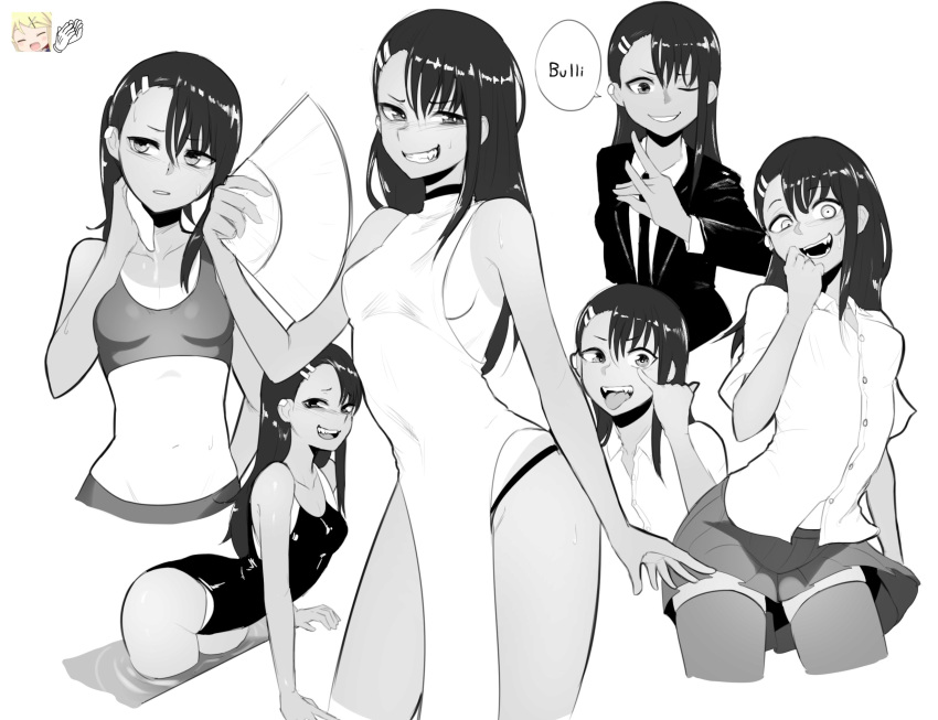 1girl bangs black_hair breasts collared_shirt commentary covered_navel dark_skin ear_clip embarrassed fan fangs fanning_self greyscale grin hair_between_eyes hair_ornament hairclip highres ijiranaide_nagatoro-san long_hair monochrome nagatoro_hayase navel necktie nyxkz one-piece_swimsuit one_eye_closed pleated_skirt shirt skirt small_breasts smile smug solo speech_bubble suit_jacket swimsuit tan tanline thigh-highs tongue tongue_out water zettai_ryouiki