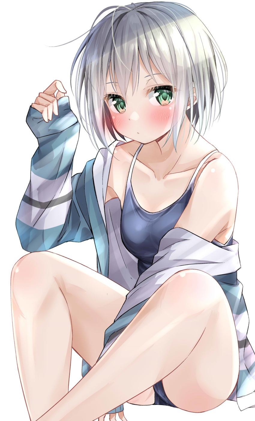 1girl absurdres aoba_moca bang_dream! bangs blue_eyes blue_swimsuit blush closed_mouth collarbone green_jacket highres jacket light_frown long_sleeves looking_at_viewer no_pants off_shoulder one-piece_swimsuit rits_(apud8788) school_swimsuit short_hair silver_hair sitting sleeves_past_wrists solo swimsuit
