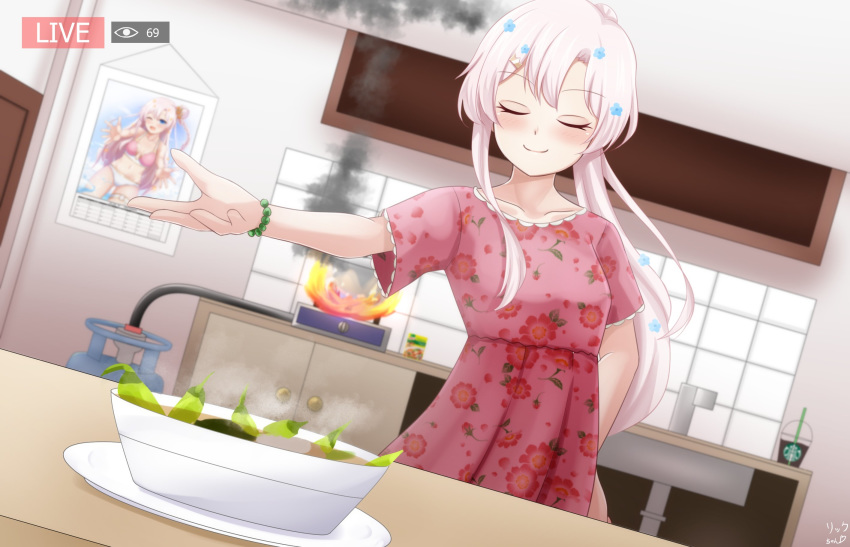 1girl alternate_costume blush calendar_(object) character_request closed_eyes collarbone cooking english_commentary fire food highres hoshizora_rick ponytail silver_hair smile smoke solo table virtual_youtuber