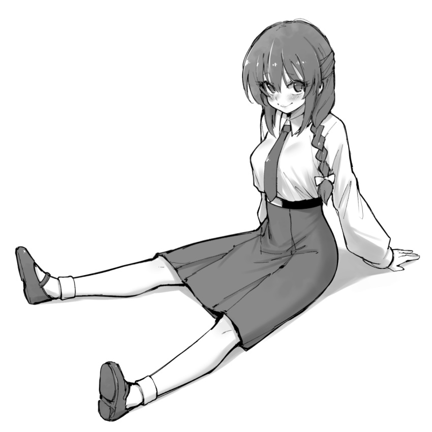 1girl alphy bangs blush braid collared_shirt copyright_request eyebrows_visible_through_hair greyscale highres lips long_sleeves looking_at_viewer monochrome necktie shirt side_braid simple_background sitting skirt smile solo white_background