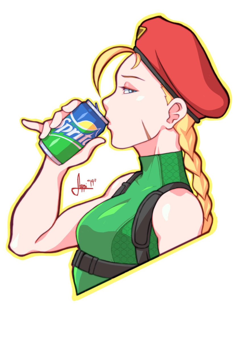 1girl 2019 antenna_hair beret blonde_hair blue_eyes braid cammy_white can drinking eyeshadow facial_scar from_side green_leotard hat highres its_just_suppi leotard long_hair looking_at_viewer looking_to_the_side makeup pinky_out product_placement red_headwear scar scar_on_cheek signature soda_can solo sprite_(drink) street_fighter street_fighter_v twin_braids