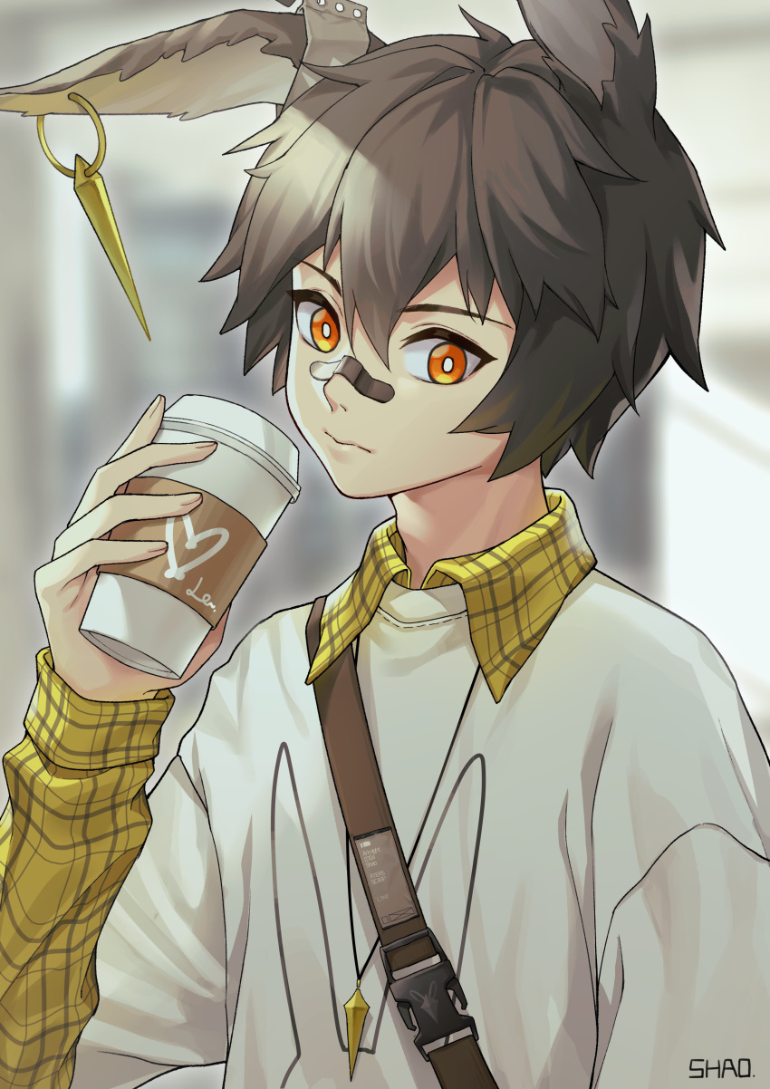 1boy absurdres alternate_costume animal_ears arknights artist_name ayerscarpe_(arknights) bandaid bandaid_on_nose bangs blurry blurry_background casual chinese_commentary coffee_cup commentary_request cup disposable_cup grey_hair hair_between_eyes hand_up heart highres holding holding_cup long_sleeves looking_at_viewer male_focus orange_eyes plaid rabbit_ears shao_(shaorouhong) shirt upper_body white_shirt