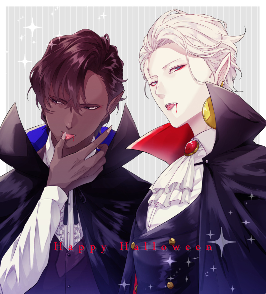 2boys arjuna_(fate/grand_order) bangs black_eyes blood blood_from_mouth blue_eyes brown_hair cloak couple dark_skin dark_skinned_male english_text eyeshadow fate/grand_order fate_(series) finger_licking gloves hair_between_eyes halloween_costume highres hukahire0313 jewelry karna_(fate) licking looking_at_viewer makeup male_focus multiple_boys pale_skin shiny shiny_hair simple_background sparkle swept_bangs upper_body vampire_costume