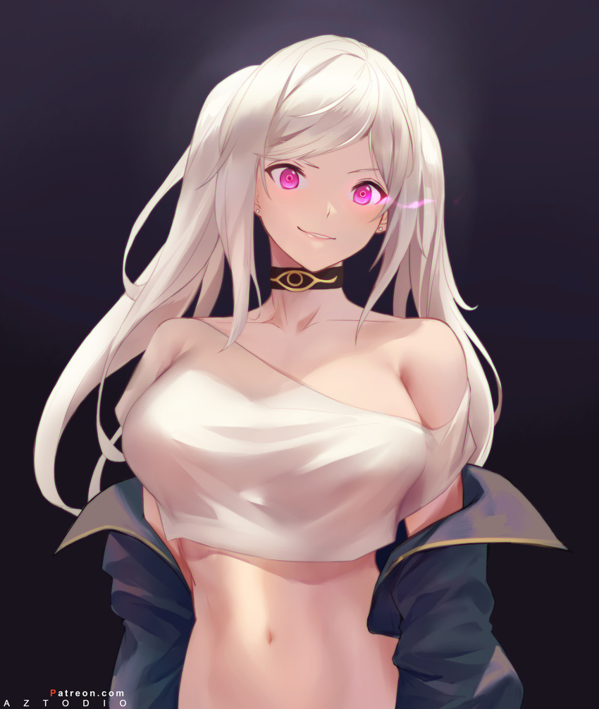 1girl azto_dio bangs bare_shoulders black_jacket breasts choker collarbone crop_top crop_top_overhang fire_emblem fire_emblem_awakening glowing glowing_eyes grima_(fire_emblem) grin highres jacket large_breasts long_hair long_sleeves looking_at_viewer navel off_shoulder open_clothes open_jacket pink_eyes robin_(fire_emblem) robin_(fire_emblem)_(female) shirt smile swept_bangs twintails white_hair white_shirt