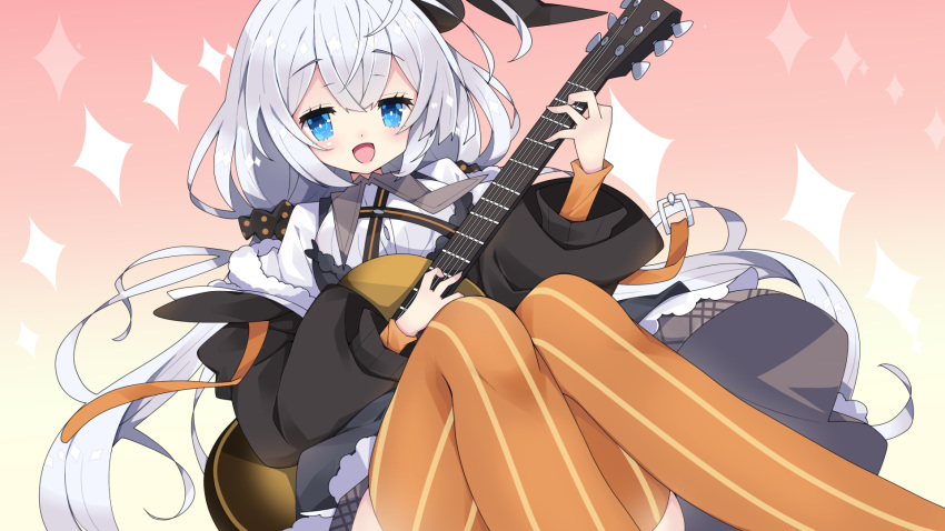 1girl :d antenna_hair bangs black_dress black_jacket blue_eyes breasts brown_background bunny_hair_ornament collared_shirt commentary_request dress eyebrows_visible_through_hair feet_out_of_frame gradient gradient_background guitar hair_between_eyes hair_ornament highres holding holding_instrument instrument jacket kizuna_akari knees_up large_breasts long_hair long_sleeves looking_at_viewer low_twintails milkpanda open_clothes open_jacket open_mouth orange_legwear puffy_long_sleeves puffy_sleeves shirt silver_hair smile solo striped striped_legwear thigh-highs twintails vertical-striped_legwear vertical_stripes very_long_hair voiceroid white_shirt