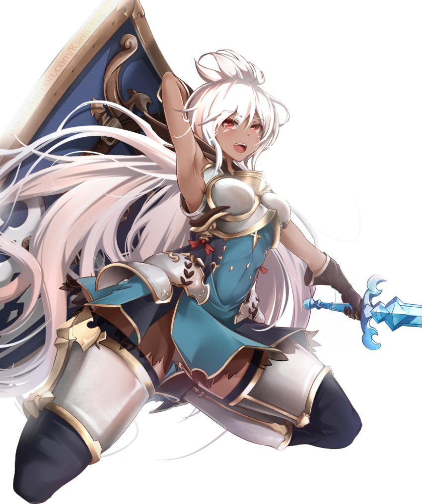 1girl :d ahoge arm_behind_head armor armored_dress armpits blue_dress blush brown_gloves dark_skin dress gloves granblue_fantasy highres holding holding_sword holding_weapon kamin789 left-handed long_hair open_mouth patreon_username red_eyes shield short_shorts shorts sleeveless sleeveless_dress smile solo sword thigh-highs very_long_hair watermark weapon web_address white_background white_hair zooey_(granblue_fantasy)