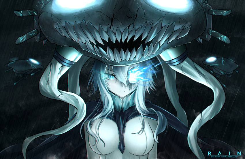 aqua_eyes bodysuit breasts cane cape cracked flaming_eye glowing glowing_eyes hat highres instagram_username kantai_collection long_hair medium_breasts pale_skin rain_animeillust shinkaisei-kan short_hair teeth tentacles upper_body white_hair white_skin wo-class_aircraft_carrier