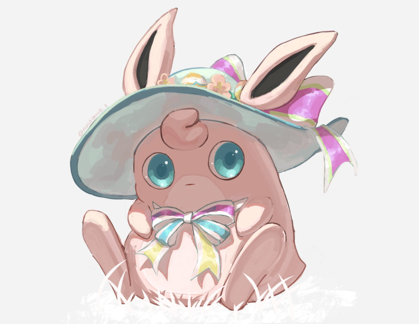 closed_mouth commentary green_eyes hat hat_ribbon hatted_pokemon highres looking_to_the_side nashimochi_4 neck_ribbon no_humans pokemon pokemon_(creature) ribbon sitting solo symbol-only_commentary twitter_username white_background wigglytuff