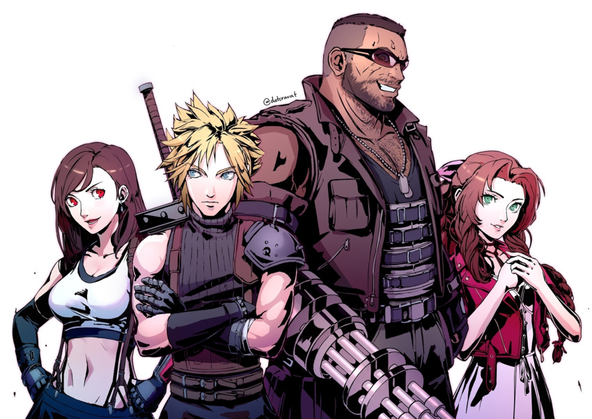 2boys 2girls :d aerith_gainsborough arm_cannon bangs bare_arms barret_wallace beard belt black_gloves black_hair black_skirt blonde_hair blue_eyes braid braided_ponytail breasts brown_hair buster_sword chest_hair clenched_hands closed_mouth cloud_strife commentary cowboy_shot cropped_jacket crossed_arms dark_skin dark_skinned_male datcravat dog_tags dress elbow_gloves facial_hair final_fantasy final_fantasy_vii final_fantasy_vii_remake gauntlets gloves green_eyes grin hands_on_hips highres jacket jewelry lips long_hair looking_at_viewer low-tied_long_hair male_focus medium_breasts midriff multiple_boys multiple_girls muscle navel open_clothes open_jacket open_mouth parted_bangs parted_lips pauldrons pink_dress red_eyes red_jacket serious shoulder_armor simple_background skirt sleeveless sleeveless_turtleneck smile spiky_hair sunglasses suspender_skirt suspenders sword sword_behind_back tank_top tifa_lockhart turtleneck twitter_username upper_body vest weapon white_background white_tank_top