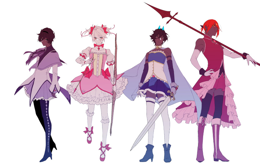 4boys akemi_homura akemi_homura_(cosplay) argyle argyle_legwear arjuna_(fate/grand_order) arjuna_alter ashwatthama_(fate/grand_order) bangs bare_shoulders black_eyes black_hair black_legwear blue_footwear boots bow bow_(weapon) cape capelet cosplay crossdressinging dark_skin dark_skinned_male detached_sleeves eyeshadow fate/grand_order fate_(series) forehead_jewel full_body gem gloves glowing_horns hair_between_eyes hair_ribbon hairband high_heels highres horns hukahire0313 jewelry kaname_madoka kaname_madoka_(cosplay) karna_(fate) lance looking_at_viewer magical_boy mahou_shoujo_madoka_magica makeup male_focus miki_sayaka miki_sayaka_(cosplay) multiple_boys over_shoulder pale_skin pantyhose pleated_skirt polearm ponytail revealing_clothes ribbon sakura_kyouko sakura_kyouko_(cosplay) shorts skirt sword thigh-highs twintails weapon weapon_over_shoulder white_legwear