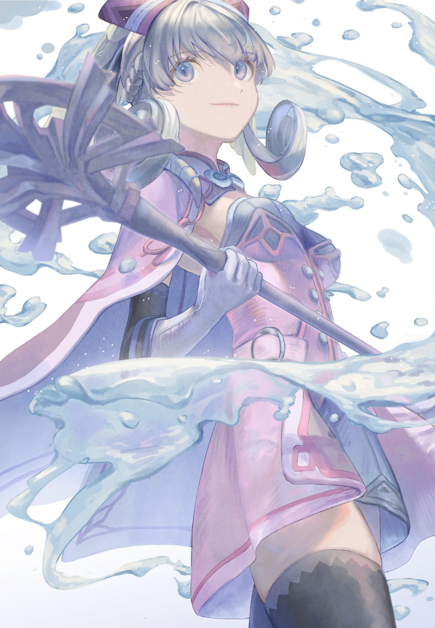 1girl breasts cape cowboy_shot dress from_below fujie-yz gloves grey_eyes hat highres holding holding_staff magic melia short_dress silver_hair simple_background small_breasts solo staff thigh-highs water white_background xenoblade_(series) xenoblade_1