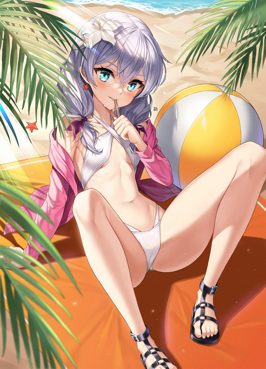 1girl absurdres aliceblue arm_support ass ball bare_legs bare_shoulders beach beach_mat beachball bikini blue_eyes breasts criss-cross_halter day earrings flower hair_flower hair_ornament hair_over_shoulder hair_ribbon halter_top halterneck highleg highleg_bikini highres honkai_(series) honkai_impact_3rd jacket jewelry knees_up long_hair long_sleeves looking_at_viewer navel off_shoulder open_clothes open_jacket outdoors palm_leaf pink_jacket revision ribbon sand sandals shadow silver_hair sitting small_breasts smile solo stomach sunlight swimsuit theresa_apocalypse thighs water wet white_bikini