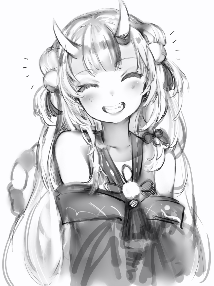 1girl :d bad_id bad_twitter_id bell blush closed_eyes facing_viewer greyscale hair_bell hair_ornament head_tilt highres hololive horns japanese_clothes jingle_bell kimono monochrome nakiri_ayame nanashi_(nlo74593630) oni oni_horns open_mouth simple_background smile solo upper_body white_background