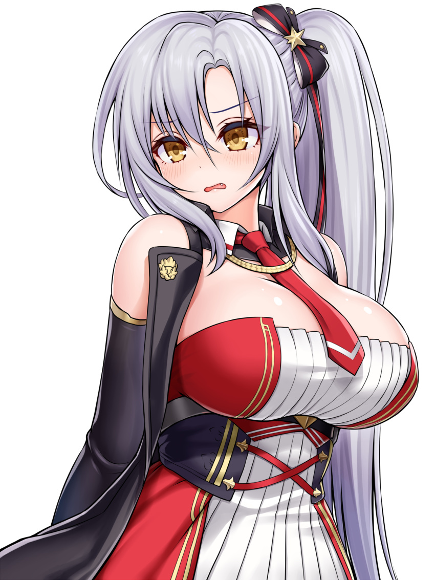 1girl asamura_hiori azur_lane bare_shoulders between_breasts blush breasts cleavage_cutout drake_(azur_lane) dress eyebrows_visible_through_hair hair_between_eyes highres large_breasts long_hair necktie necktie_between_breasts red_neckwear side_ponytail silver_hair solo strapless strapless_dress upper_body very_long_hair white_dress yellow_eyes