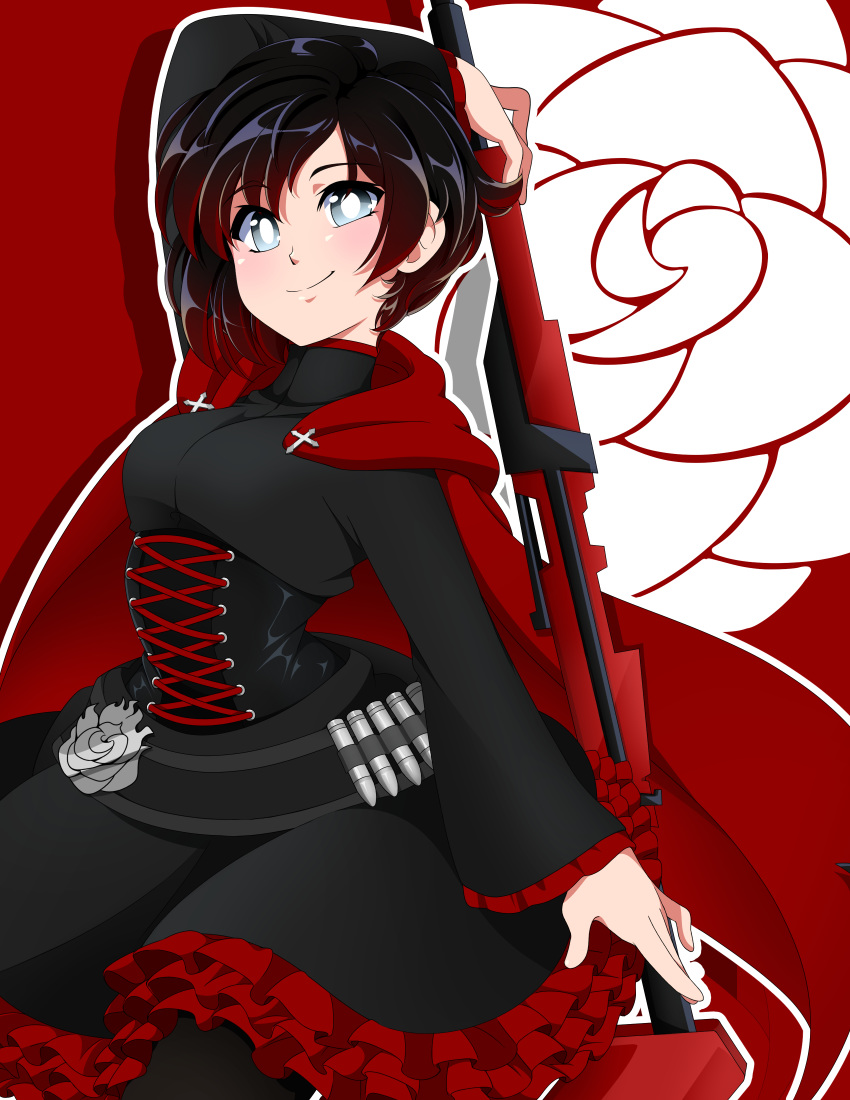 1girl absurdres arm_up black_hair blue_eyes blush breasts cape closed_mouth corset doopiedoover eyebrows_visible_through_hair highres holding holding_weapon looking_at_viewer medium_breasts multicolored_hair red_cape redhead ruby_rose rwby short_hair smile solo two-tone_hair weapon