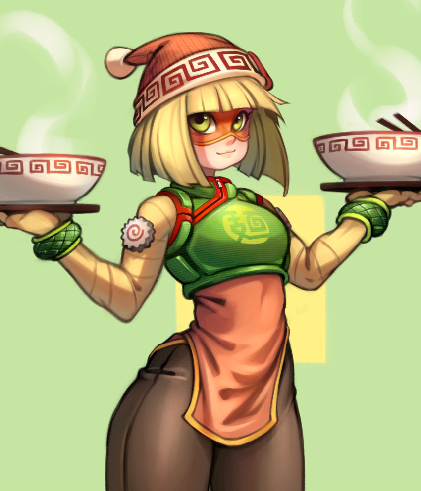 1girl arms_(game) bangs beanie blunt_bangs bob_cut bowl breastplate chinese_clothes chopsticks domino_mask flat_chest food green_eyes hat highres kelvin_hiu knit_hat looking_at_viewer mask min_min_(arms) noodles pants ramen short_hair solo w_arms waitress wide_hips