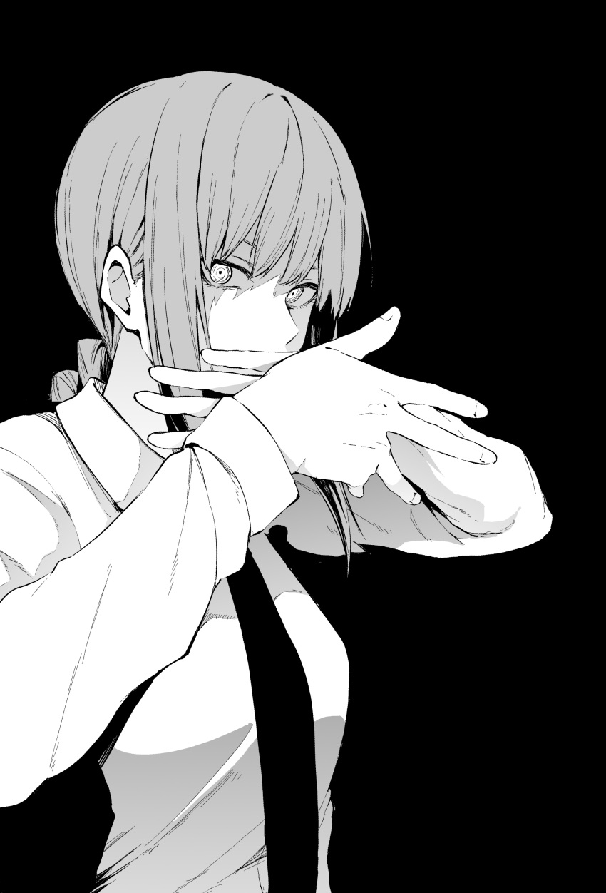 1girl absurdres bangs black_background black_neckwear braid braided_ponytail business_suit chainsaw_man collared_shirt formal greyscale hands_together highres long_sleeves looking_at_viewer makima_(chainsaw_man) medium_hair monochrome necktie neckwear ringed_eyes shirt simple_background solo suit tsukamoto_minori upper_body