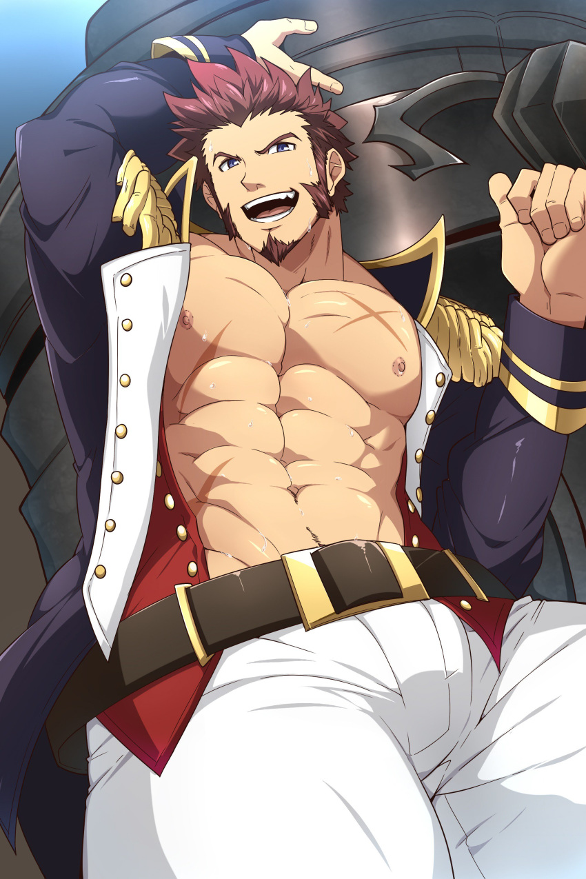 1boy abs absurdres artofkuroshinki bara beard belt blue_eyes brown_hair cannon chest collar epaulettes facial_hair fate/grand_order fate_(series) fringe_trim goatee gradient_hair highres huge_weapon jacket long_sleeves looking_at_viewer male_focus manly military military_uniform multicolored_hair muscle napoleon_bonaparte_(fate/grand_order) navel open_clothes open_jacket open_shirt pants pectorals scar sideburns smile solo tight unbuttoned uniform weapon white_pants
