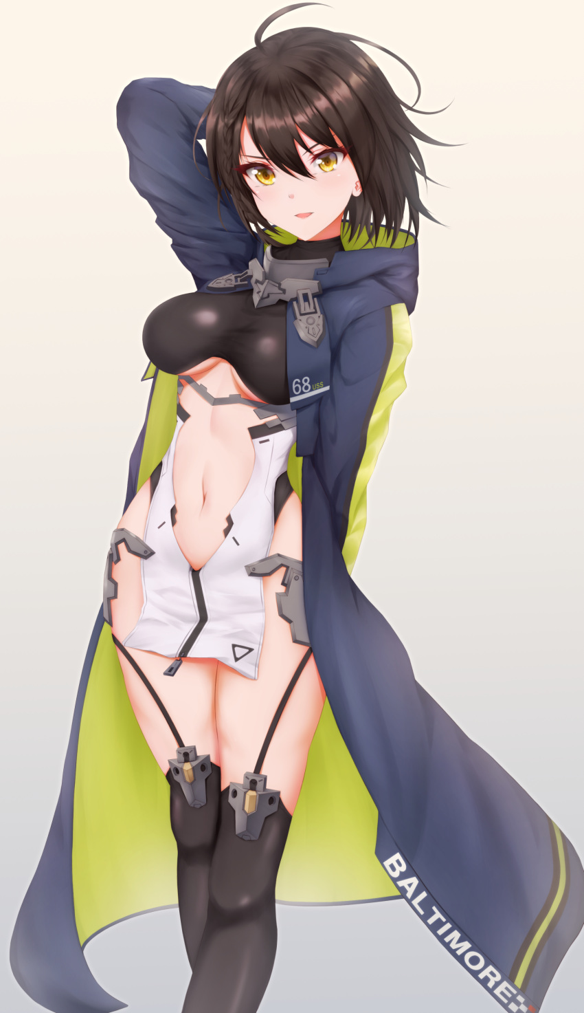 1girl :d absurdres ahoge arm_behind_back arm_behind_head azur_lane baltimore_(azur_lane) bangs black_legwear blue_coat braid breasts breasts_apart brown_hair character_name coat commentary_request cowboy_shot eyebrows_behind_hair faulds french_braid garter_straps hair_between_eyes highres hood hood_down hooded_coat kcc_(tanimahimeyuri) large_breasts long_sleeves looking_at_viewer multicolored_coat navel navel_cutout number open_clothes open_coat open_mouth pelvic_curtain shiny shiny_clothes shiny_hair short_hair side_slit sidelocks simple_background smile solo standing thigh-highs under_boob underboob_cutout yellow_eyes zipper_pull_tab