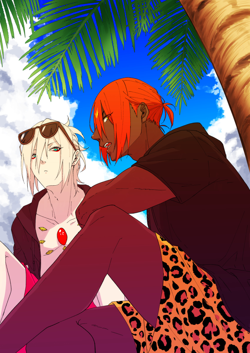 2boys abs alternate_costume alternate_hairstyle animal_print ashwatthama_(fate/grand_order) bangs blue_eyes chest clouds cloudy_sky dark_skin dark_skinned_male day eyewear_on_head fate/grand_order fate_(series) highres hukahire0313 jewelry karna_(fate) looking_at_viewer male_focus multiple_boys muscle open_clothes open_mouth orange_hair outdoors pale_skin palm_tree pants shirtless shorts sky tiger_print tree upper_body white_hair yellow_eyes